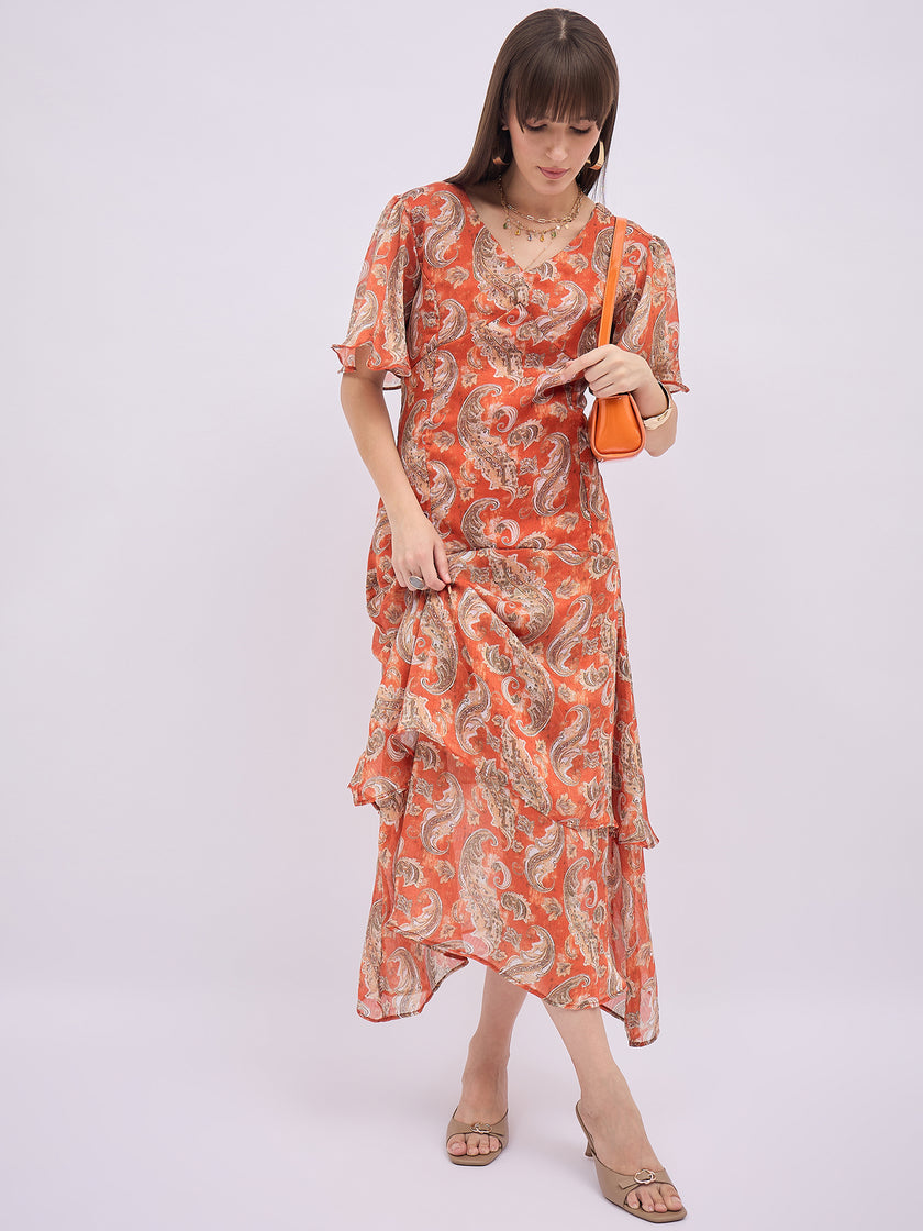 Multi BLENDED Printed Flared Sleeves Paisley Dress
