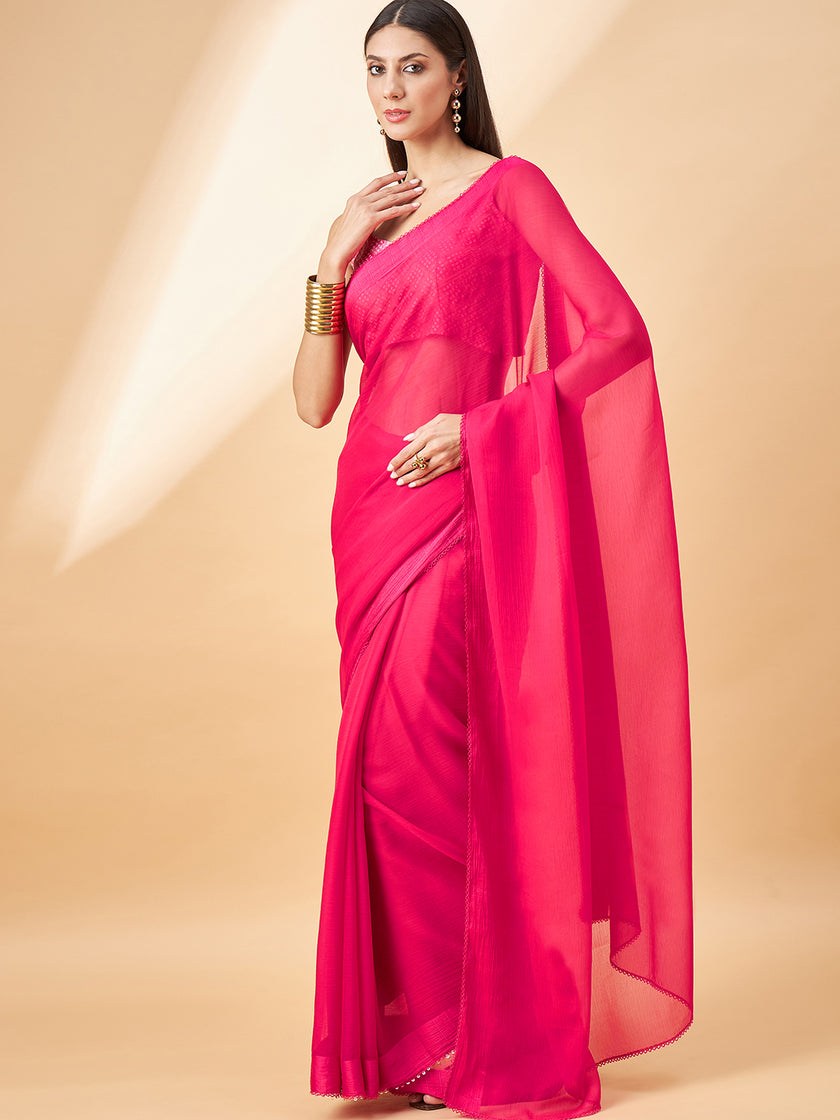 Red Pure Chiffon Solid  Saree with Unstitched Fancy Blouse