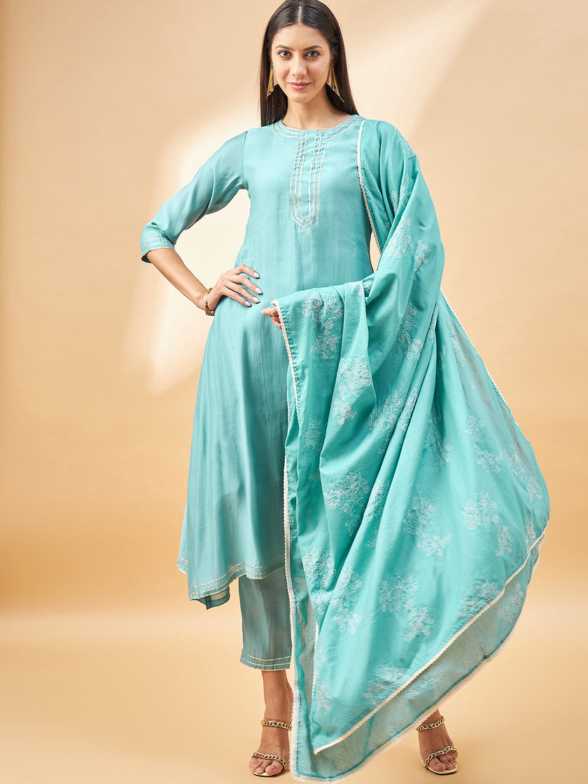 Turquoise Blue Pure Cotton Solid A-Line Kurta Trouser  With Dupatta
