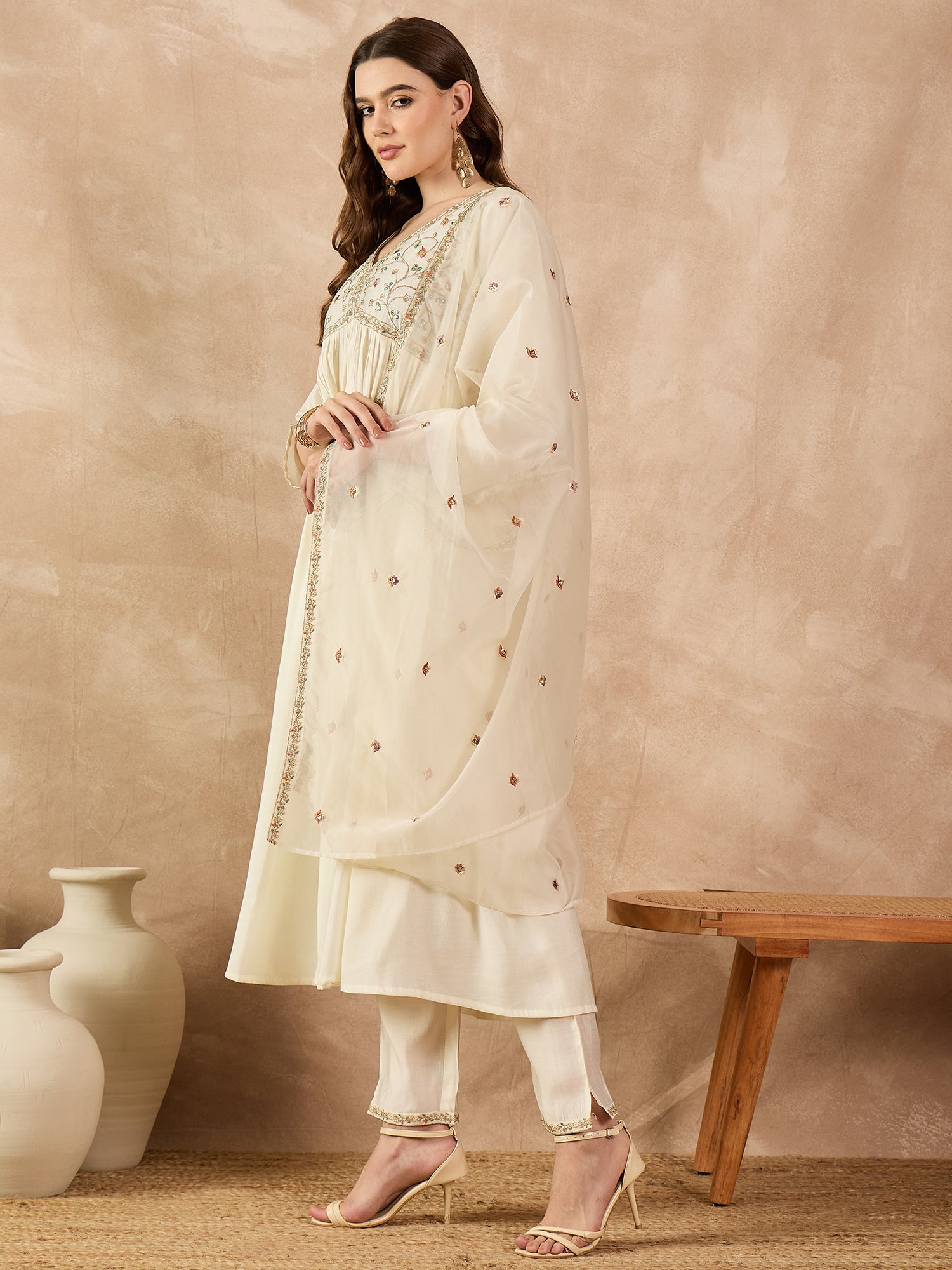 Off White  Silk Blend Embroideried A-Line Kurta Trouser