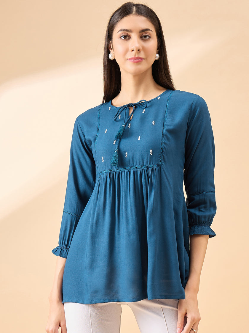 Blue Cotton Blend Embroidered Tie-Ups Regular Sleeves Schiffli Tops