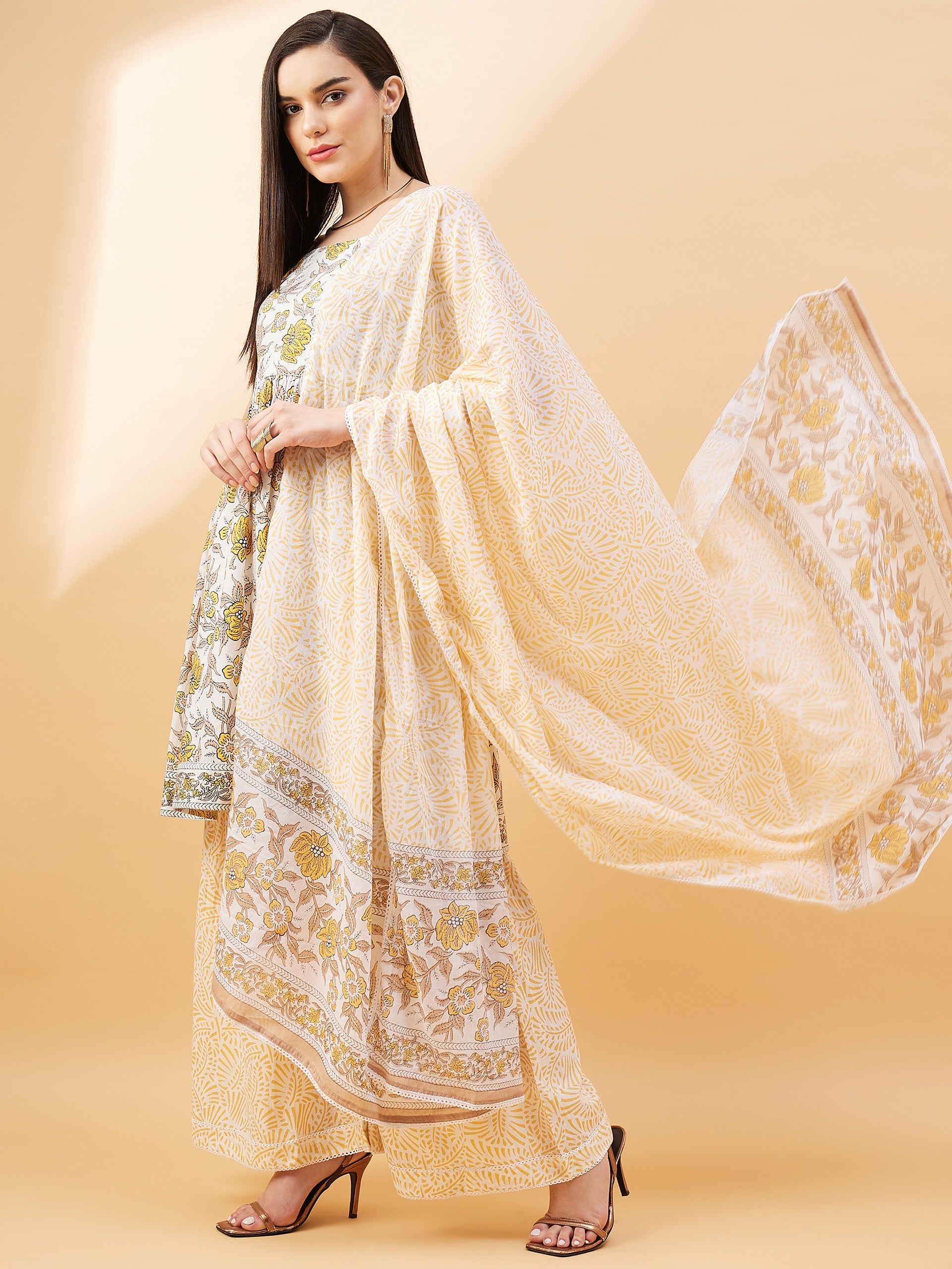 Mustard Pure Cotton Printed Peplum Kurta Palazzo