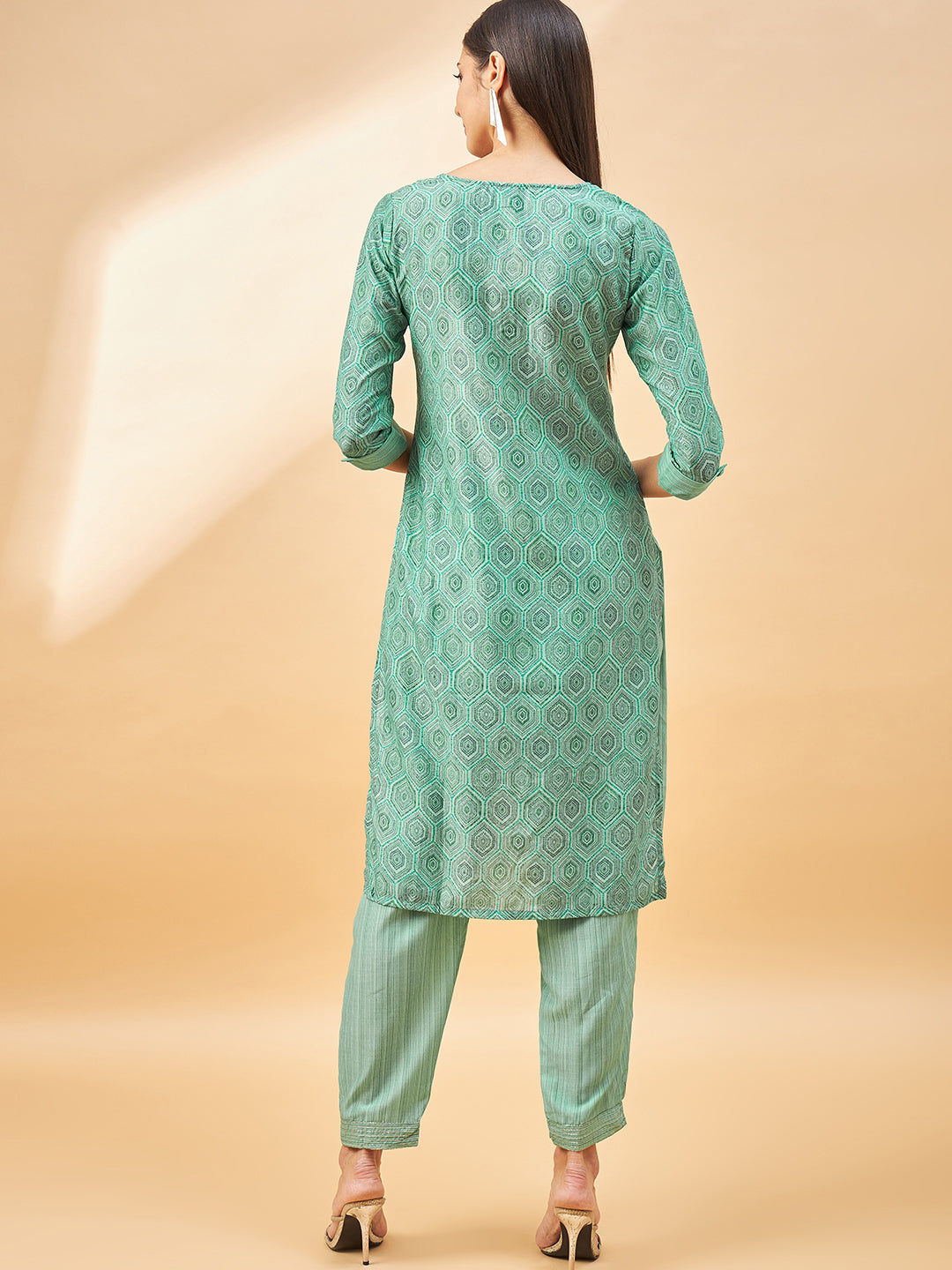 Sea Green Cotton Blend Printed Straight Kurta Trouser