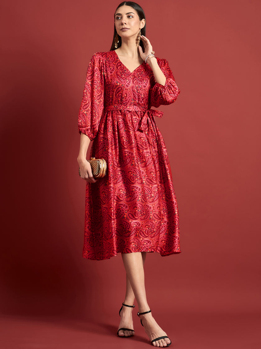 Pink Polyester Printed Puff Sleeves Ethnic Motifs Dress