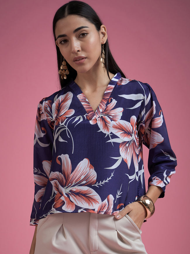 Blue Polyester Printed Tie-Ups Regular Sleeves Floral Print Tops