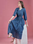 Blue Cotton Printed Puff Sleeves Striped Dress
