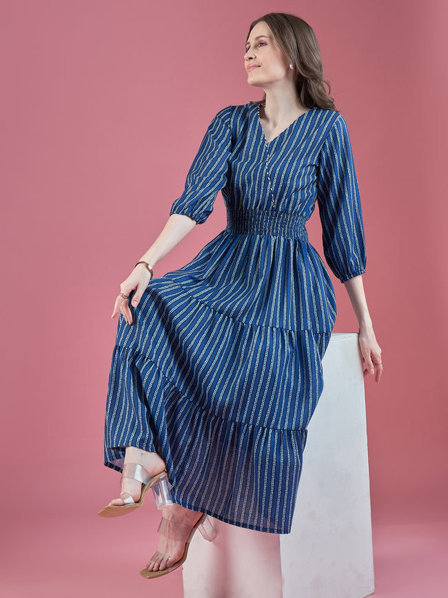Blue Cotton Printed Puff Sleeves Striped Dress