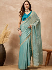 Blue Organza Solid with Gota Lace Saree with Unstitched Blouse