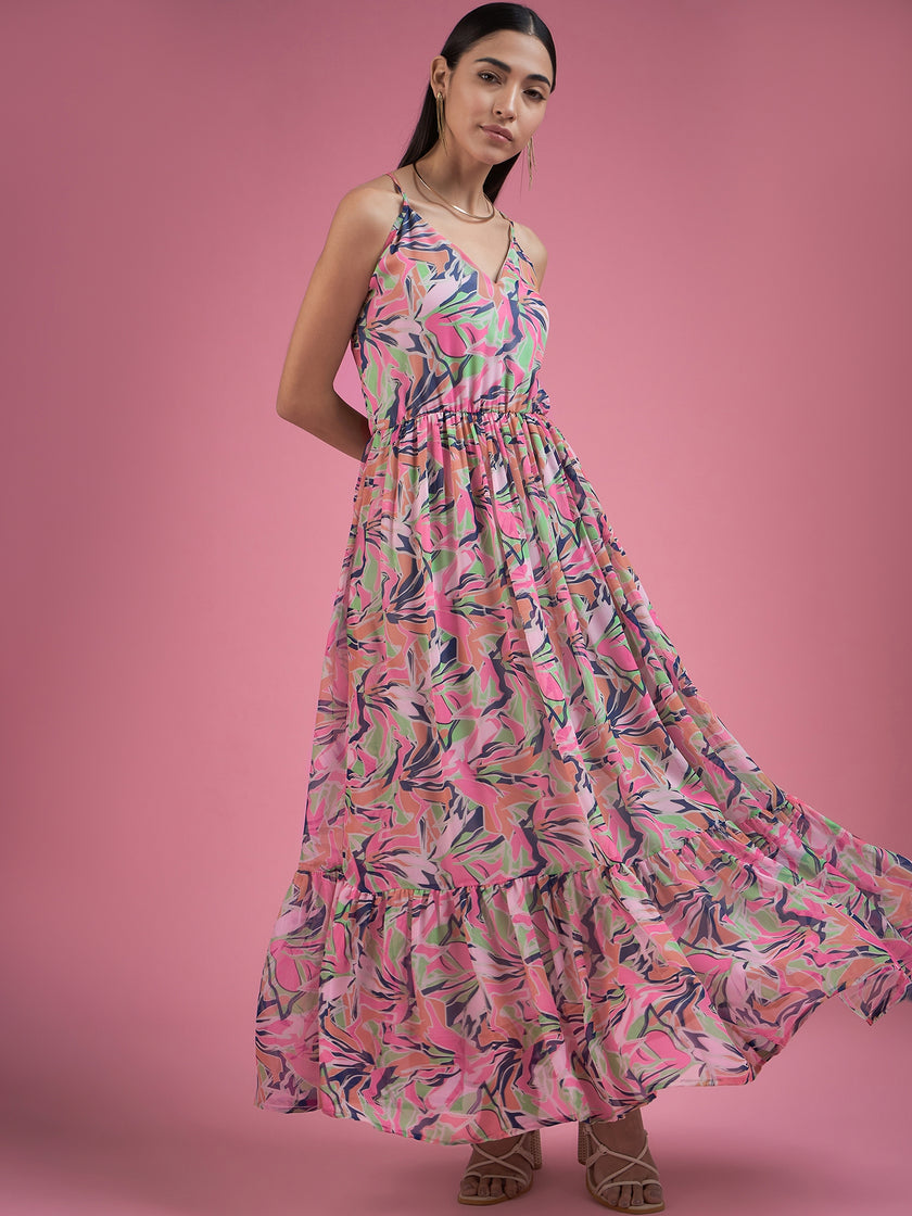 Multicolor Georgette Printed Sleeveless Floral Print Dress