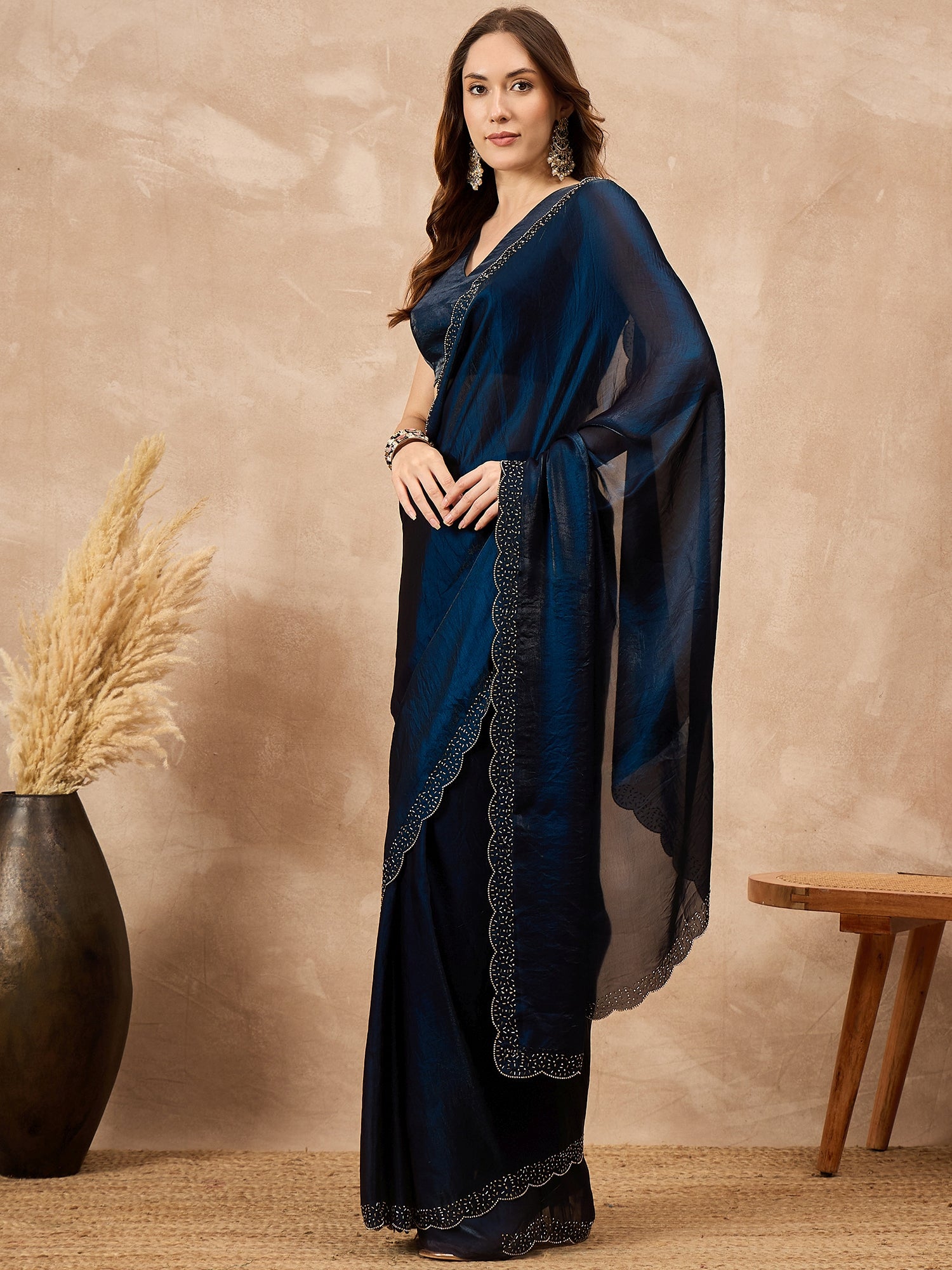 Blue Satin Solid With Stone Work Border Saree with Unstitched Blouse