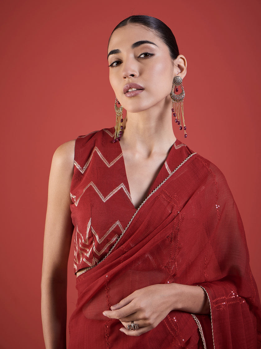 Red Pure Chiffon Sequence Embroidery With Embellished Lace Saree with Unstitched Fancy Blouse