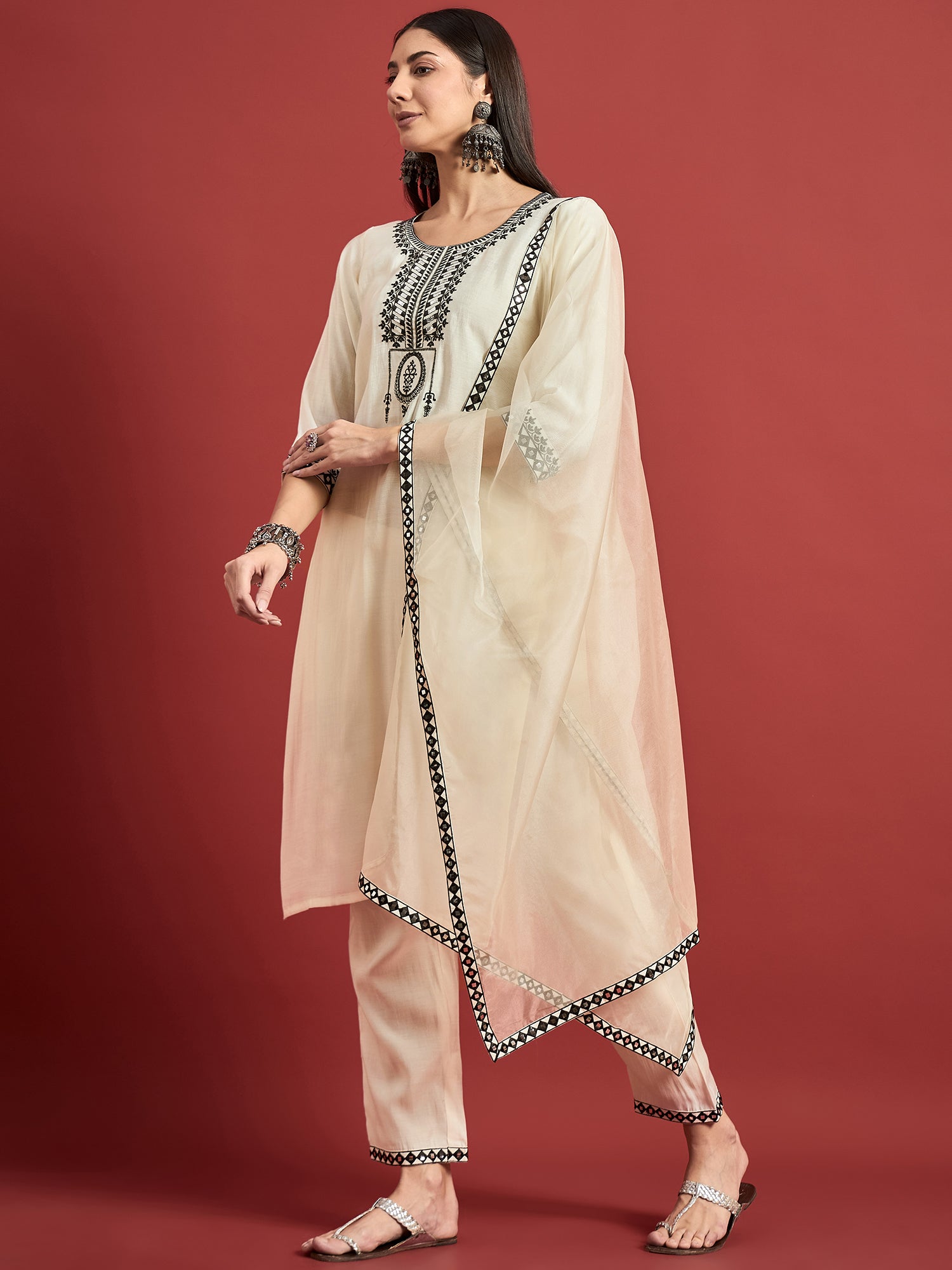 Off White  Art Silk Printed A-Line Kurta  Trouser