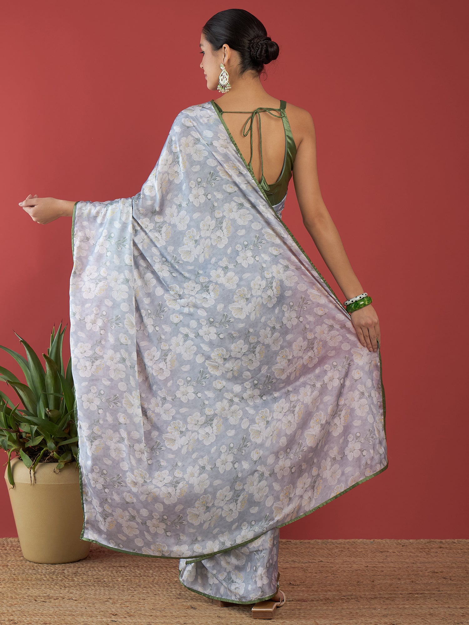 Grey Satin Digital Floral Print With Embellished Lace Saree with Unstitched Fancy Blouse