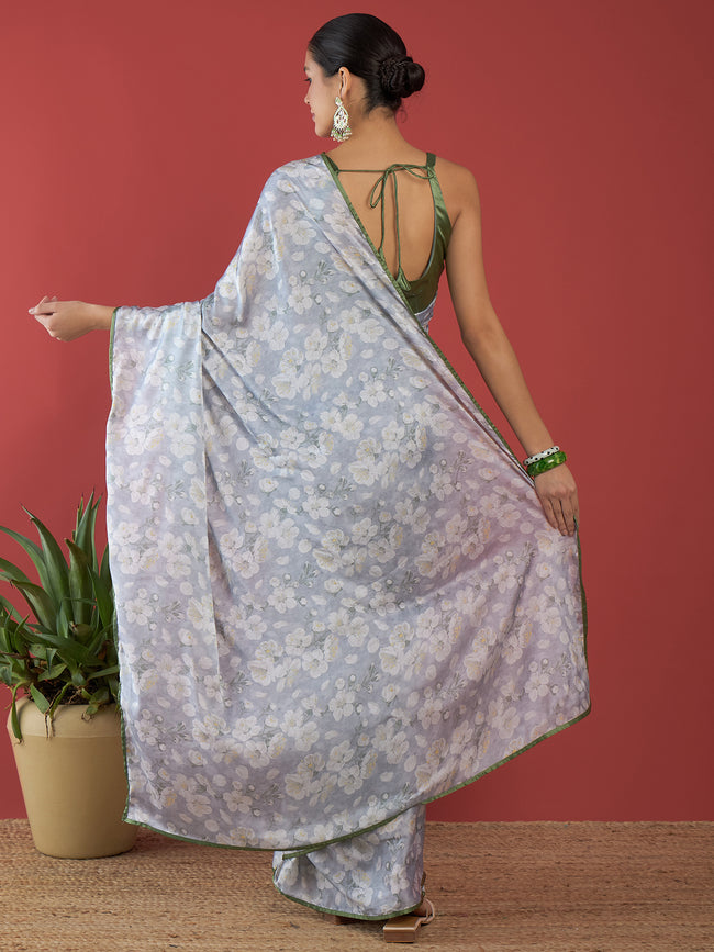 Grey Satin Digital Floral Print With Embellished Lace Saree with Unstitched Fancy Blouse