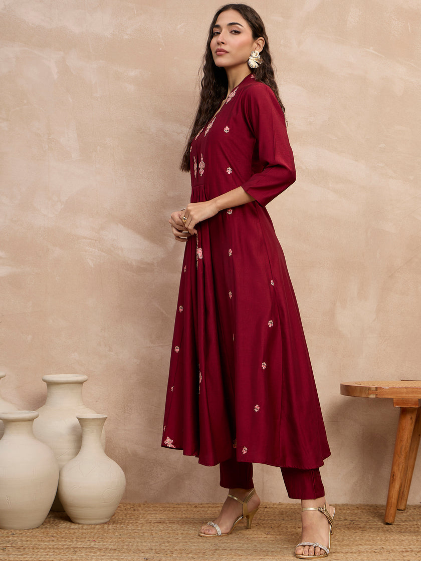 Maroon  Chinon Embroideried A-Line Kurta Trouser