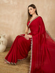 Red  Satin Solid With Embellished Lace Saree with Unstitched Fancy Blouse