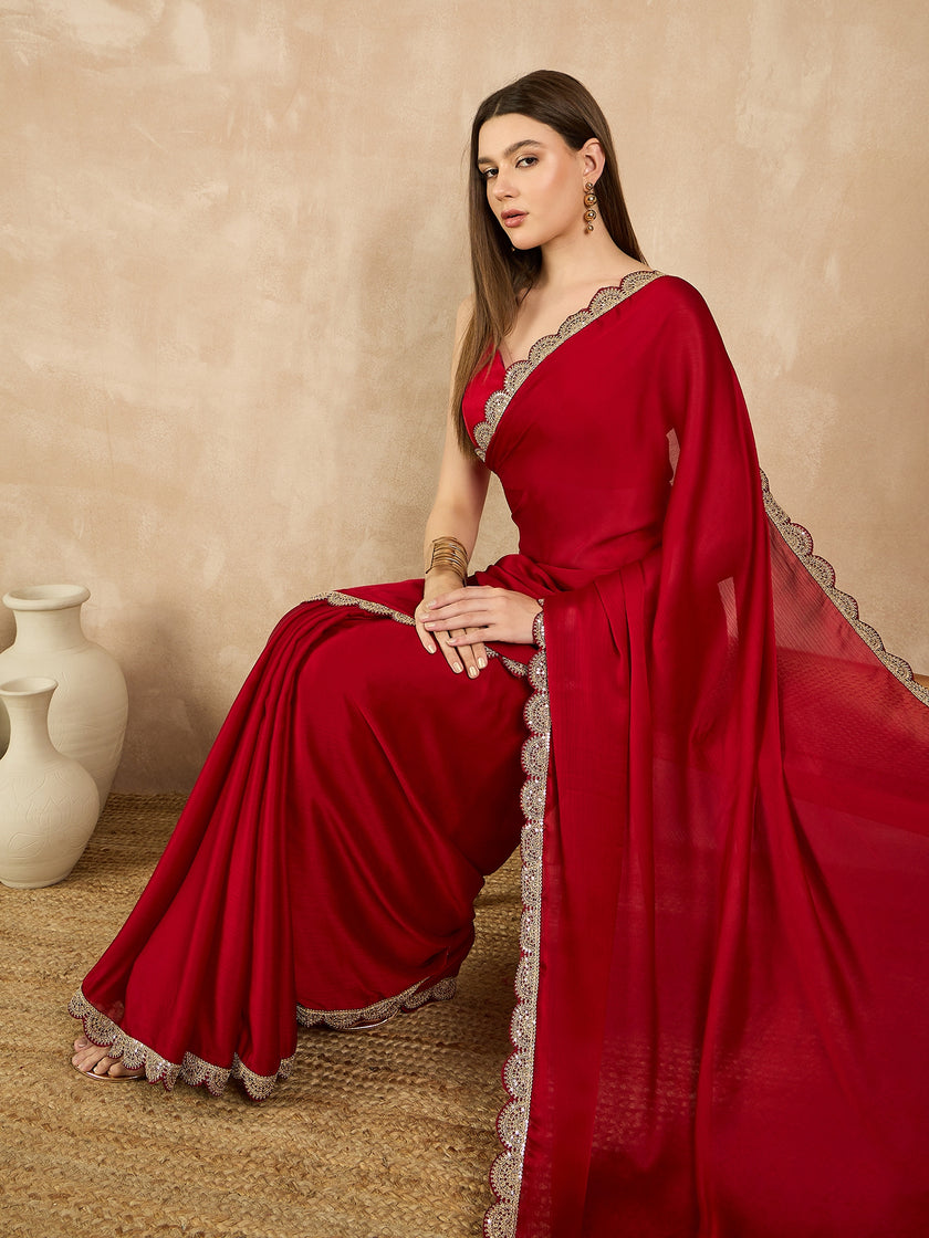 Red  Satin Solid With Embellished Lace Saree with Unstitched Fancy Blouse