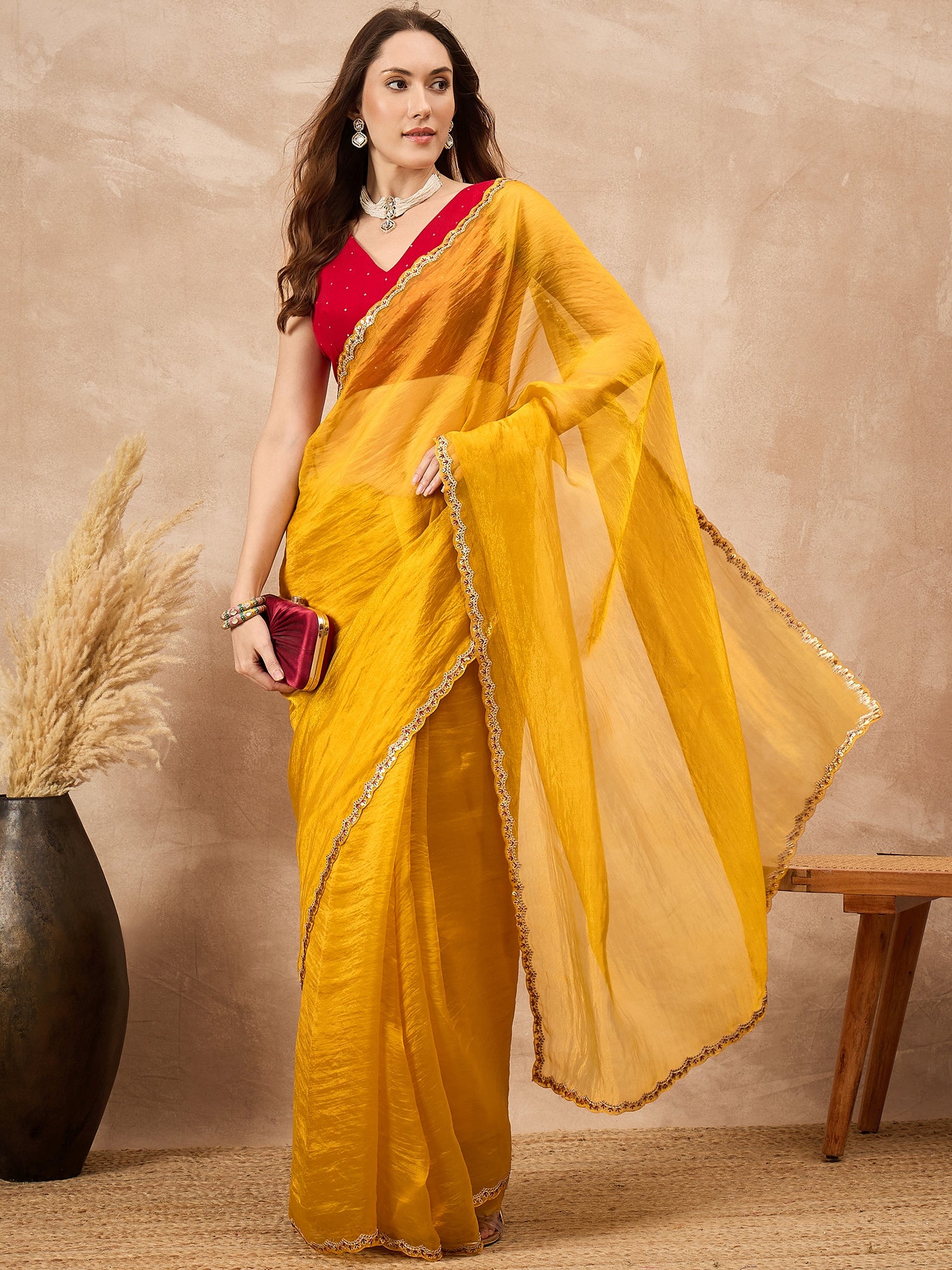 Yellow Organza Solid with Embellished Cut Work Border Saree with Unstitched Blouse