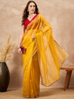 Yellow Organza Solid with Embellished Cut Work Border Saree with Unstitched Blouse