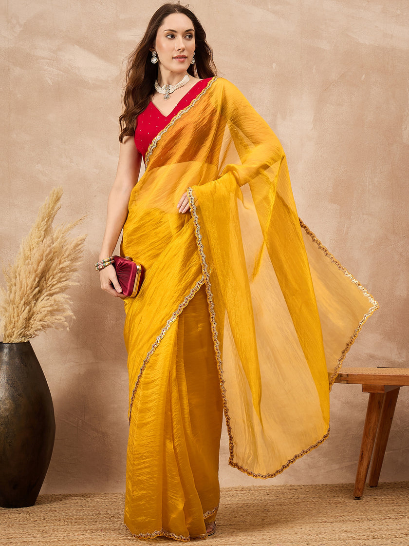 Yellow Organza Solid with Embellished Cut Work Border Saree with Unstitched Blouse