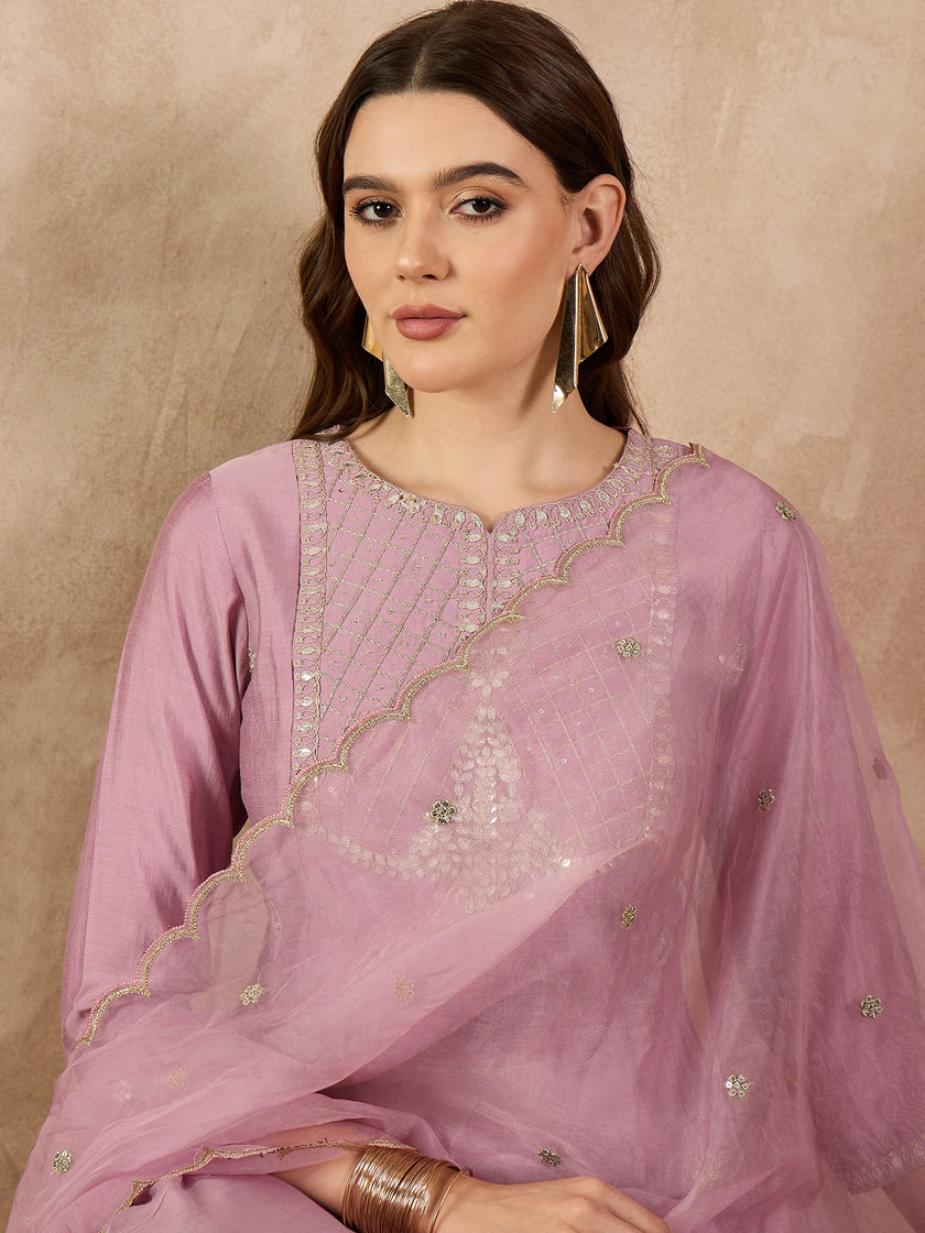 Mauve  Chanderi Silk Embroideried A-Line Kurta Trouser