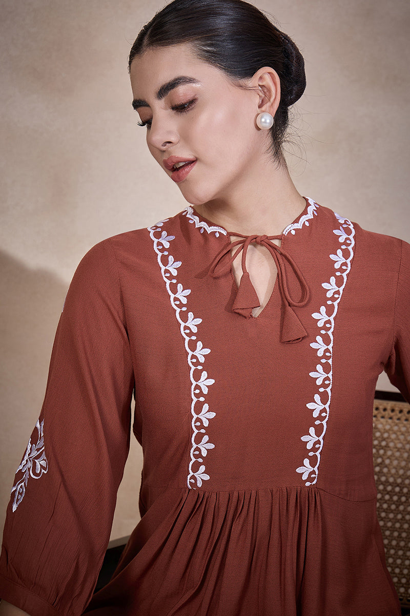 Brown Viscose Rayon Embroidered Gathered or Pleated Regular Sleeves Geometric Print Tops