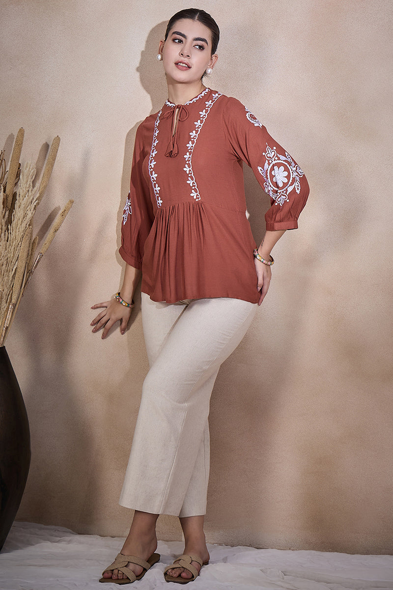 Brown Viscose Rayon Embroidered Gathered or Pleated Regular Sleeves Geometric Print Tops