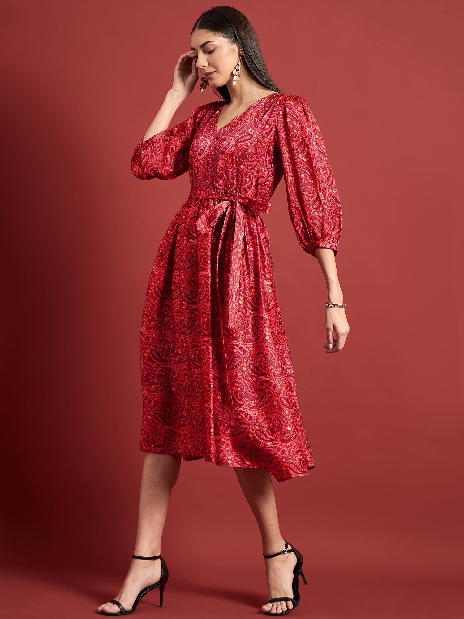 Pink Polyester Printed Puff Sleeves Ethnic Motifs Dress