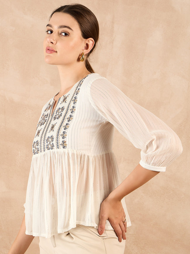 Off White Synthetic Georgette Embroidered Gathered or Pleated Regular Sleeves Ethnic Print Tops