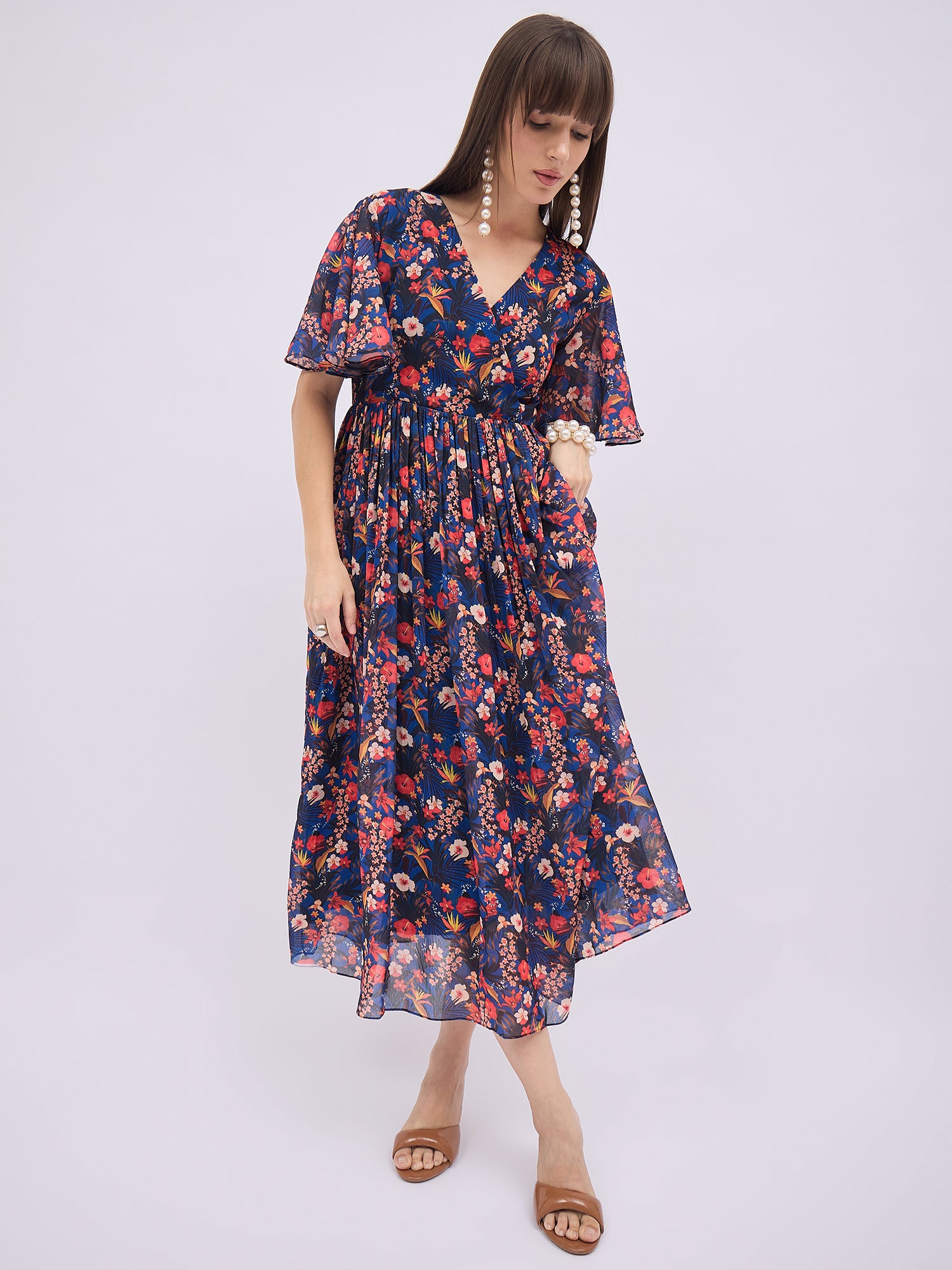 Blue Polyester Printed Flared Sleeves Floral Dress