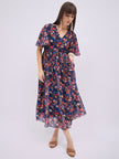 Blue Polyester Printed Flared Sleeves Floral Dress