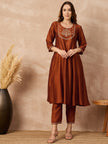 Rust  Silk Blend Embroideried A-Line Kurta Trouser
