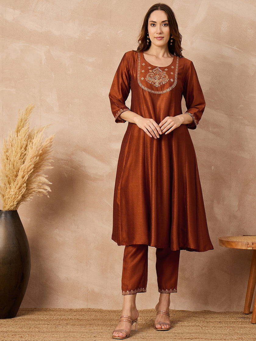 Rust  Silk Blend Embroideried A-Line Kurta Trouser