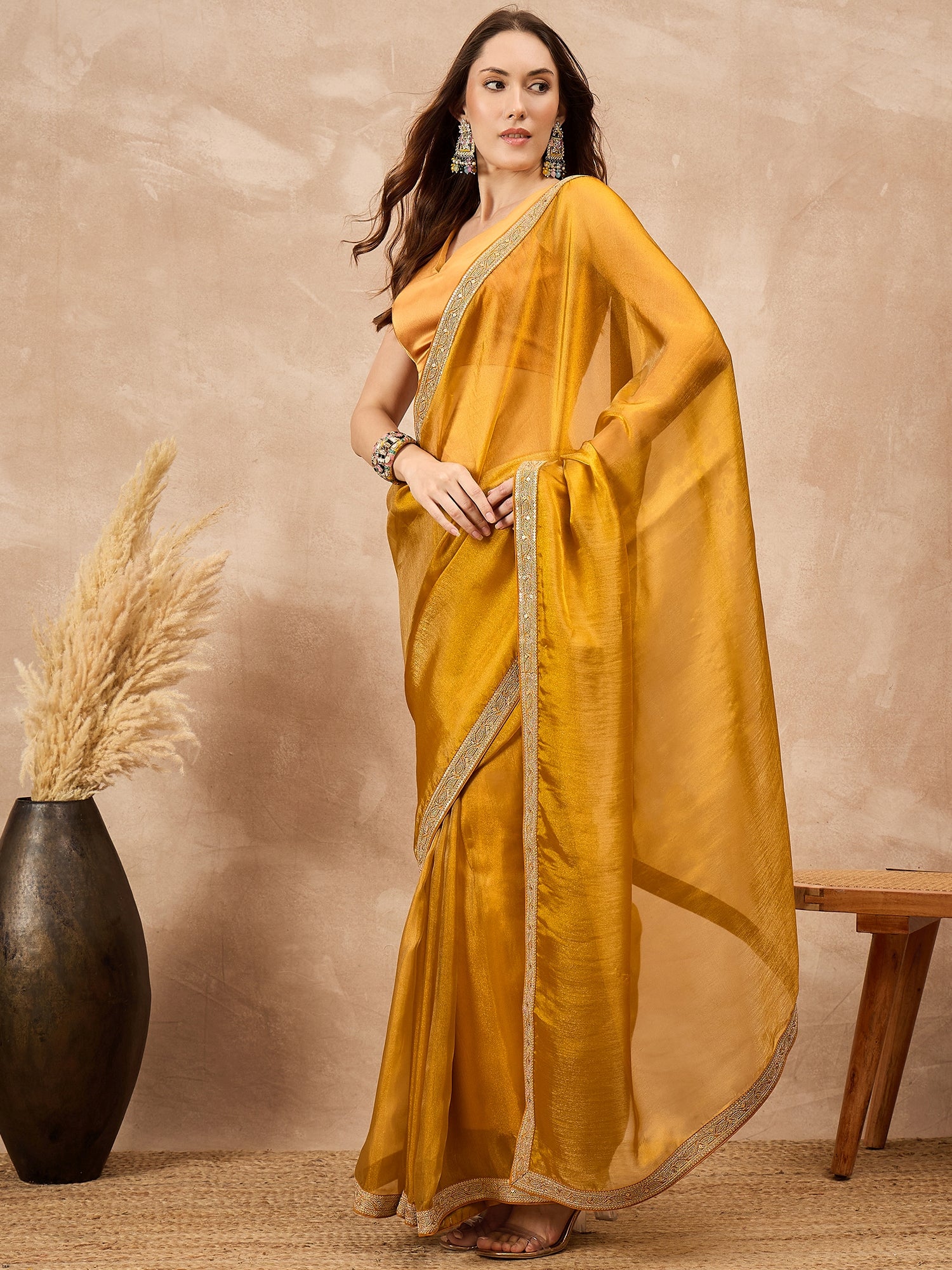 Yellow Satin Solid with Coding Border Saree with Unstitched Blouse