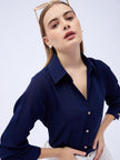 Blue Satin Solid NA Regular Sleeves New Basics  Tops