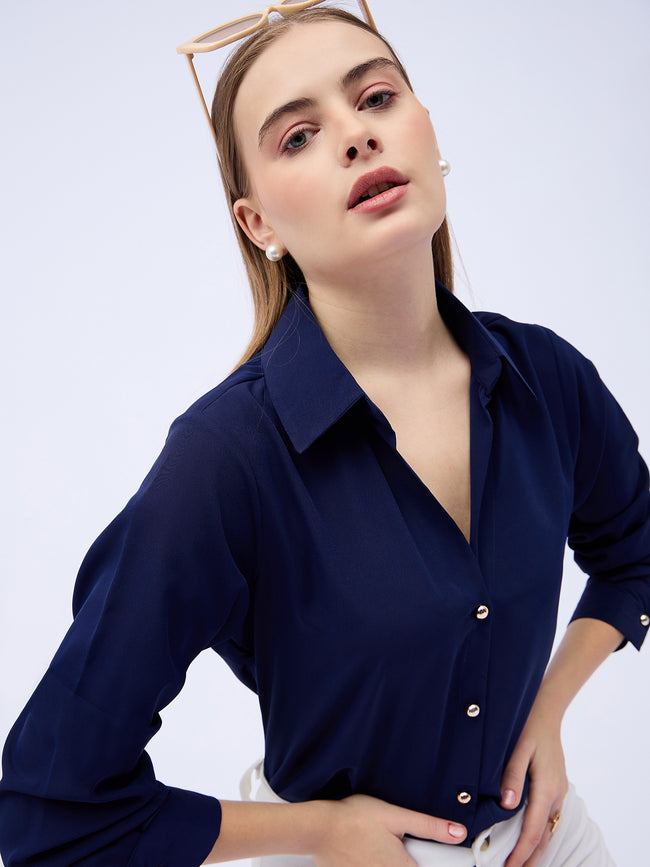 Blue Satin Solid NA Regular Sleeves New Basics  Tops
