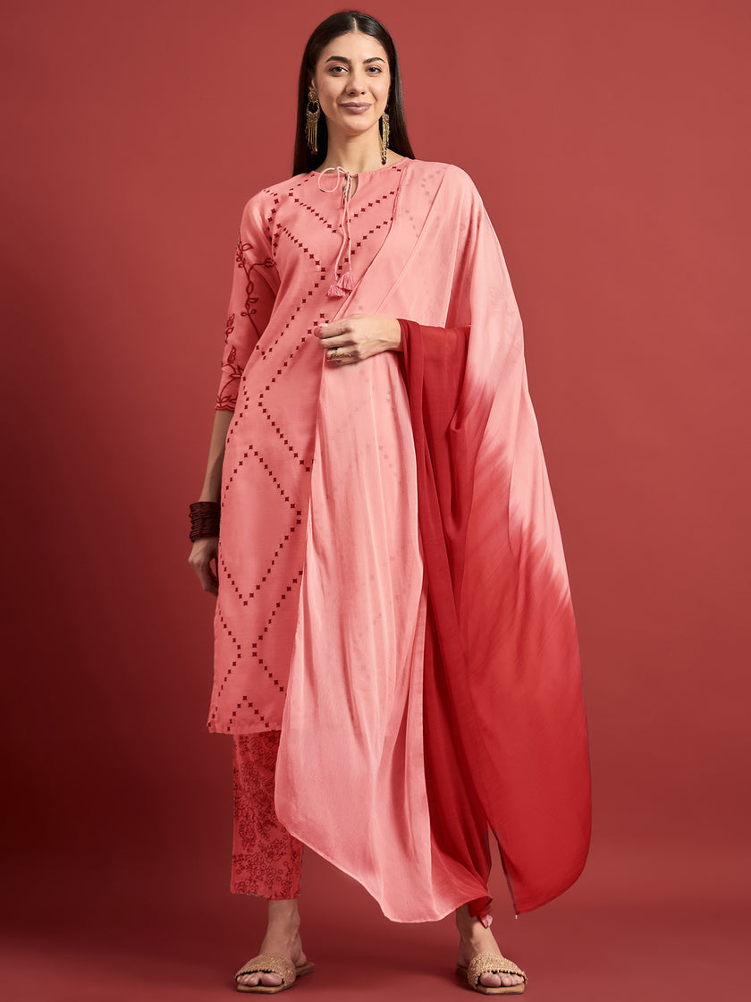 Peach  Silk Blend Printed A-Line Kurta  Trouser