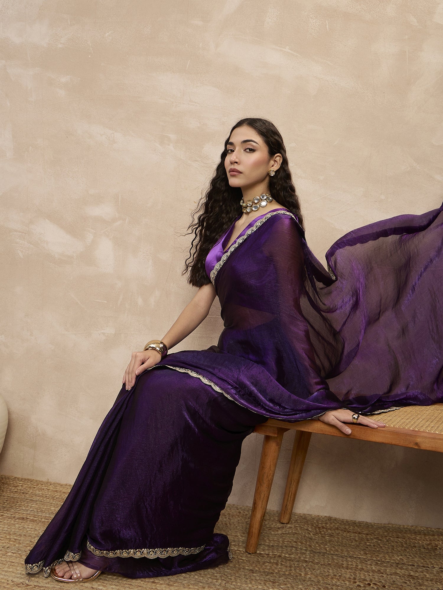 Purple Satin Solid With Embellished Lace Saree with Unstitched Blouse