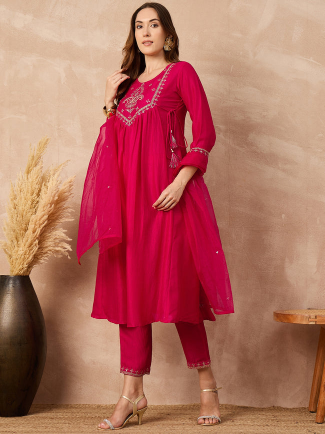 Pink  Silk Blend Embroideried A-Line Kurta Trouser
