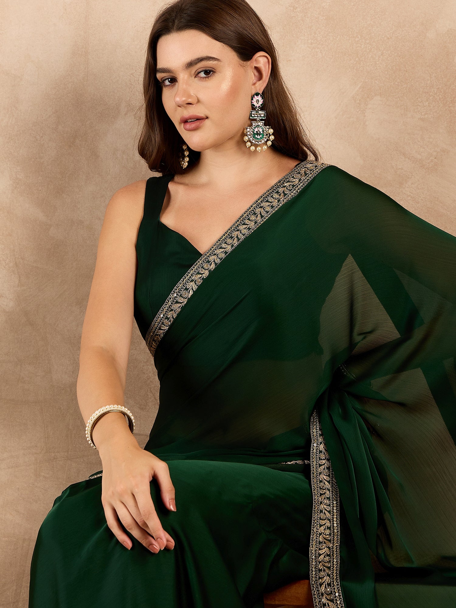 Green Satin Solid With Embroidered Border Saree with Unstitched Fancy Blouse