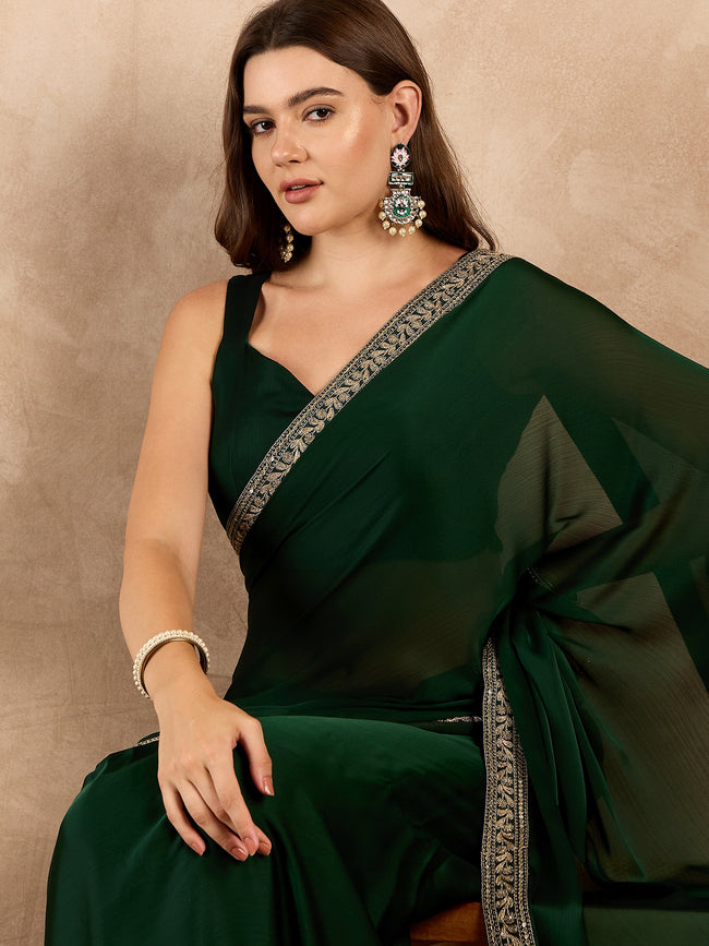 Green Satin Solid With Embroidered Border Saree with Unstitched Fancy Blouse
