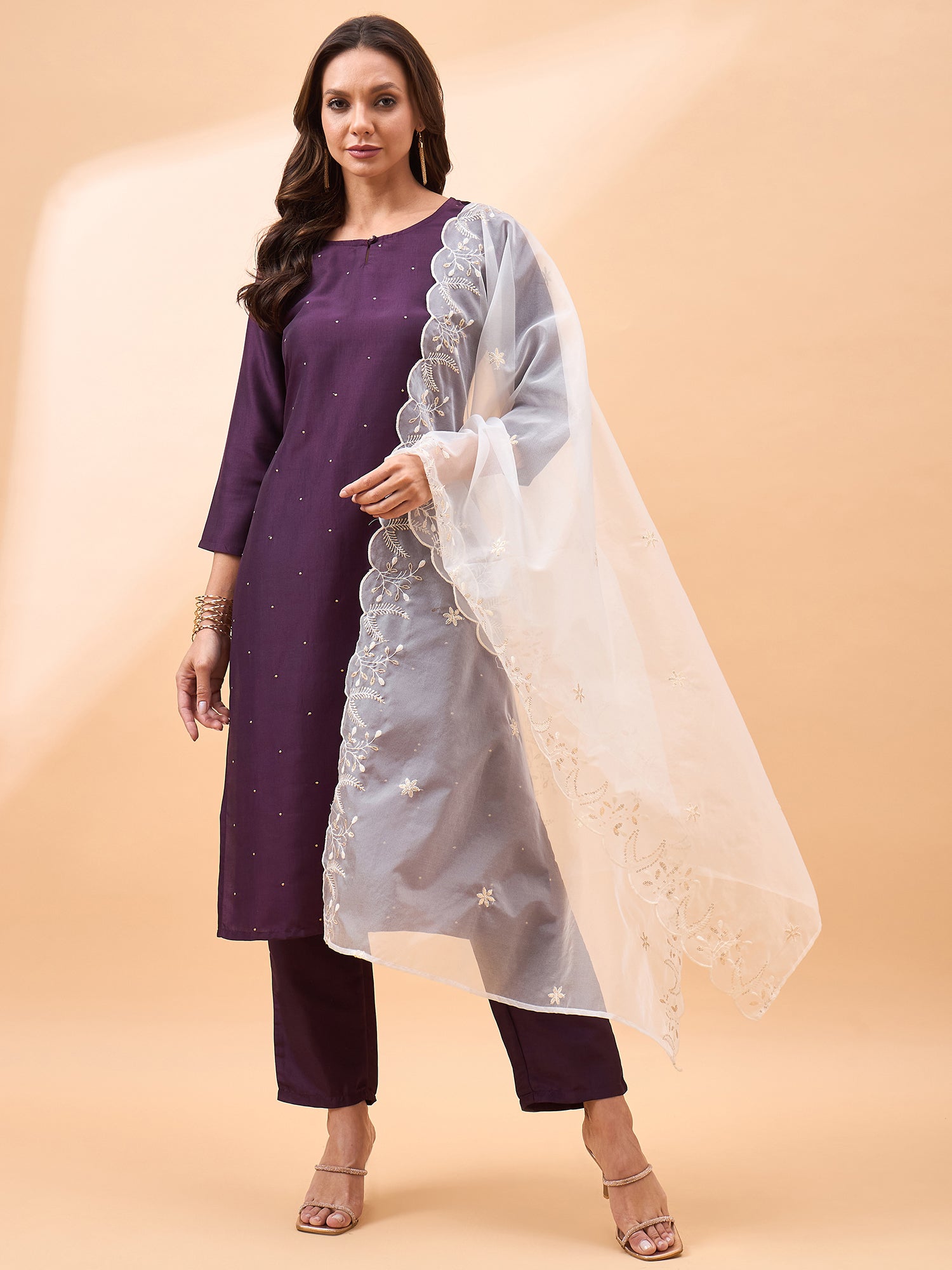 Wine  Silk Blend Embroideried A-Line Kurta  Trouser   With Dupatta