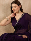 Purple Poly Chiffon Solid with Coding Border Saree with Unstitched Blouse