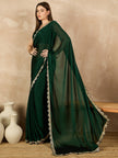 Green Satin Solid With Embellished Lace Saree with Unstitched Fancy Blouse