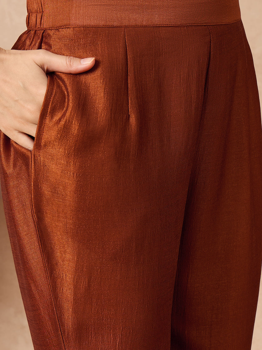 Rust  Silk Blend Embroideried A-Line Kurta Trouser