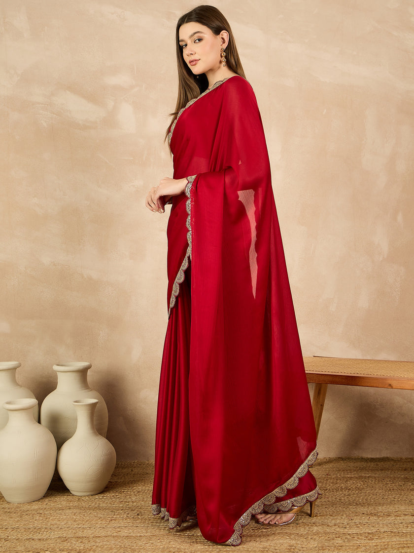 Red  Satin Solid With Embellished Lace Saree with Unstitched Fancy Blouse