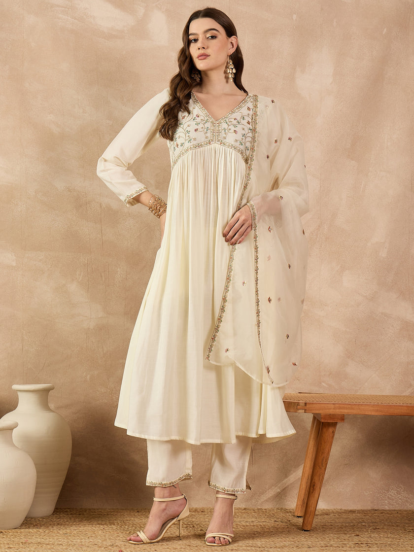 Off White  Silk Blend Embroideried A-Line Kurta Trouser