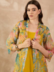 Yellow Silk Blend Solid A-Line Kurta Trouser With Floral Print Shrug