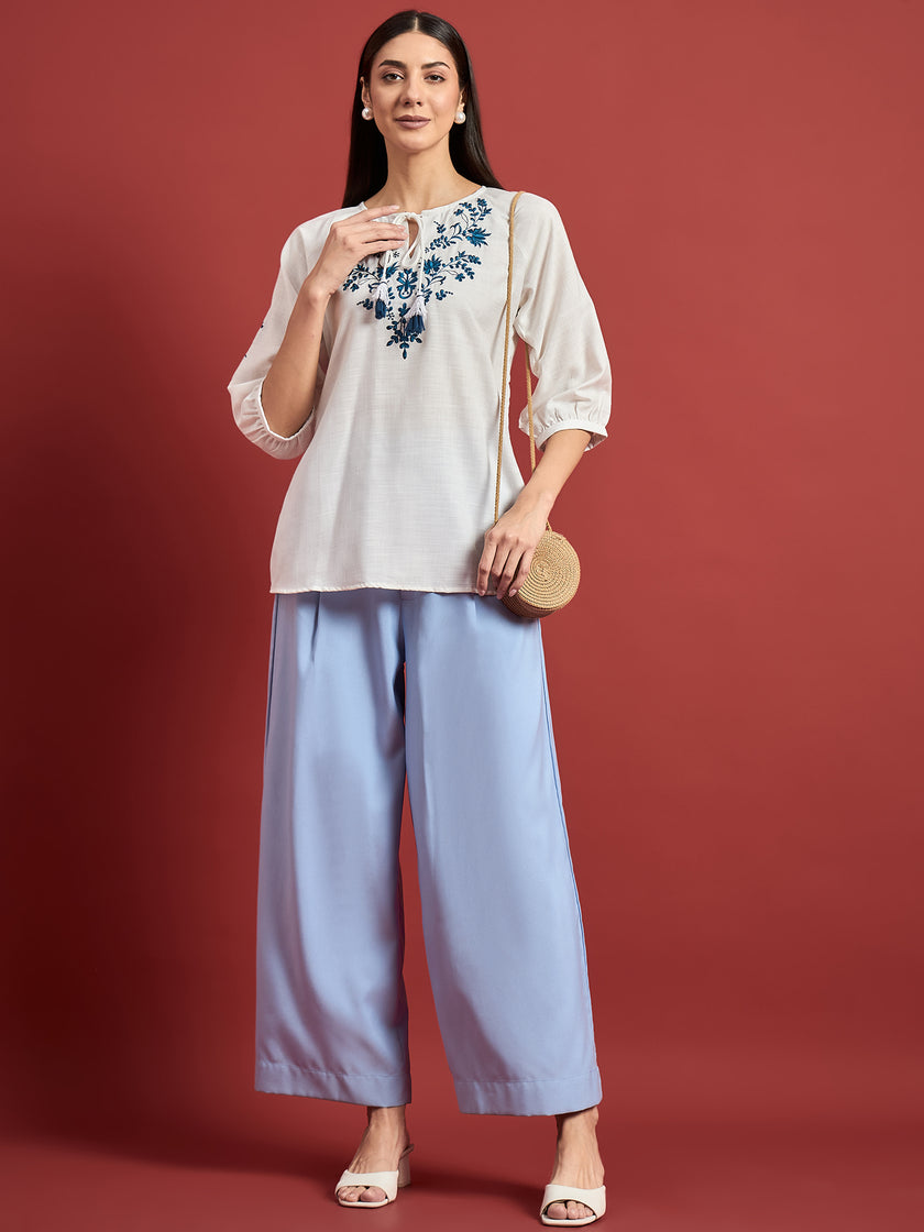 White Cotton Blend Embroidered Tie-Ups Regular Sleeves Ethnic Print Tops
