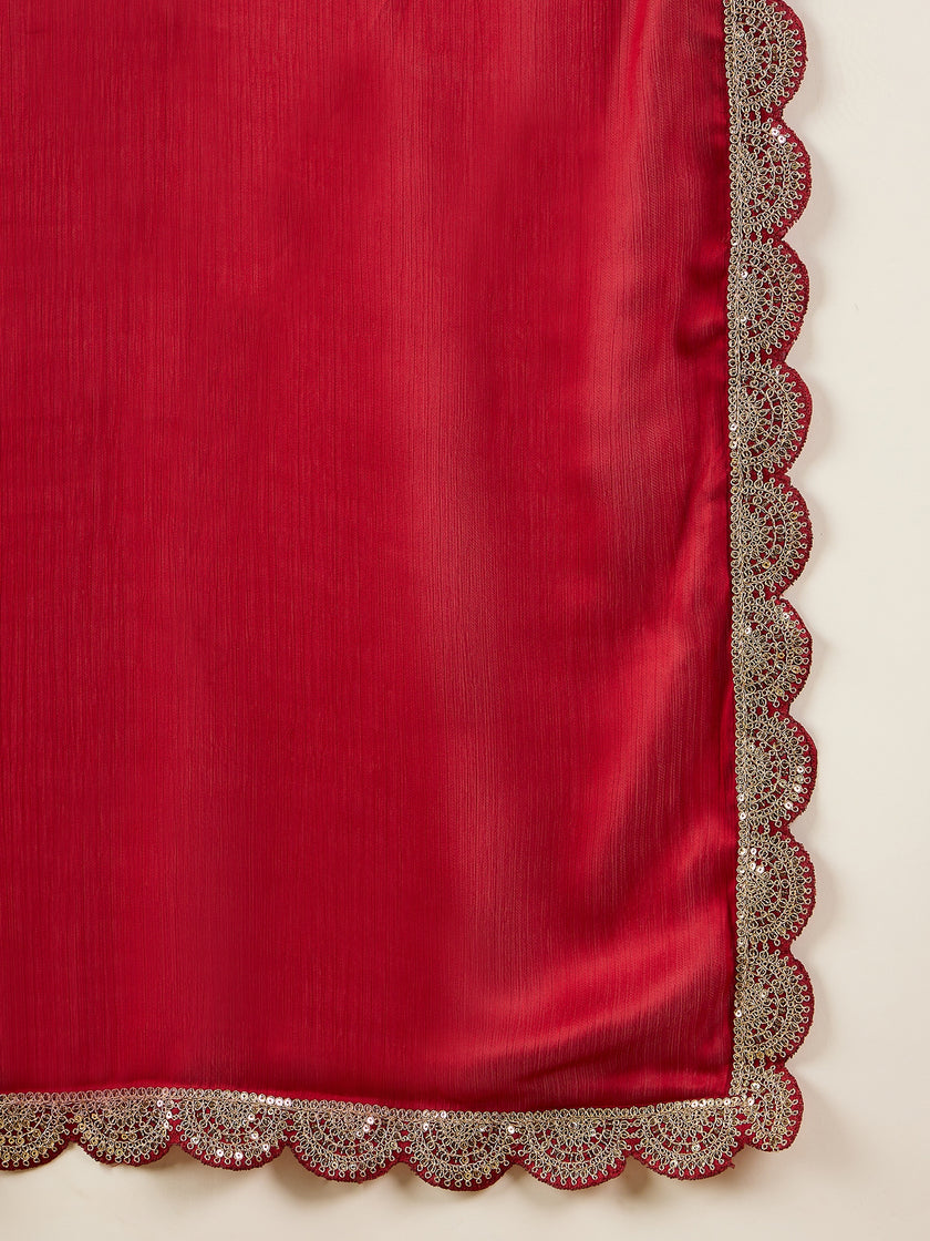 Red  Satin Solid With Embellished Lace Saree with Unstitched Fancy Blouse